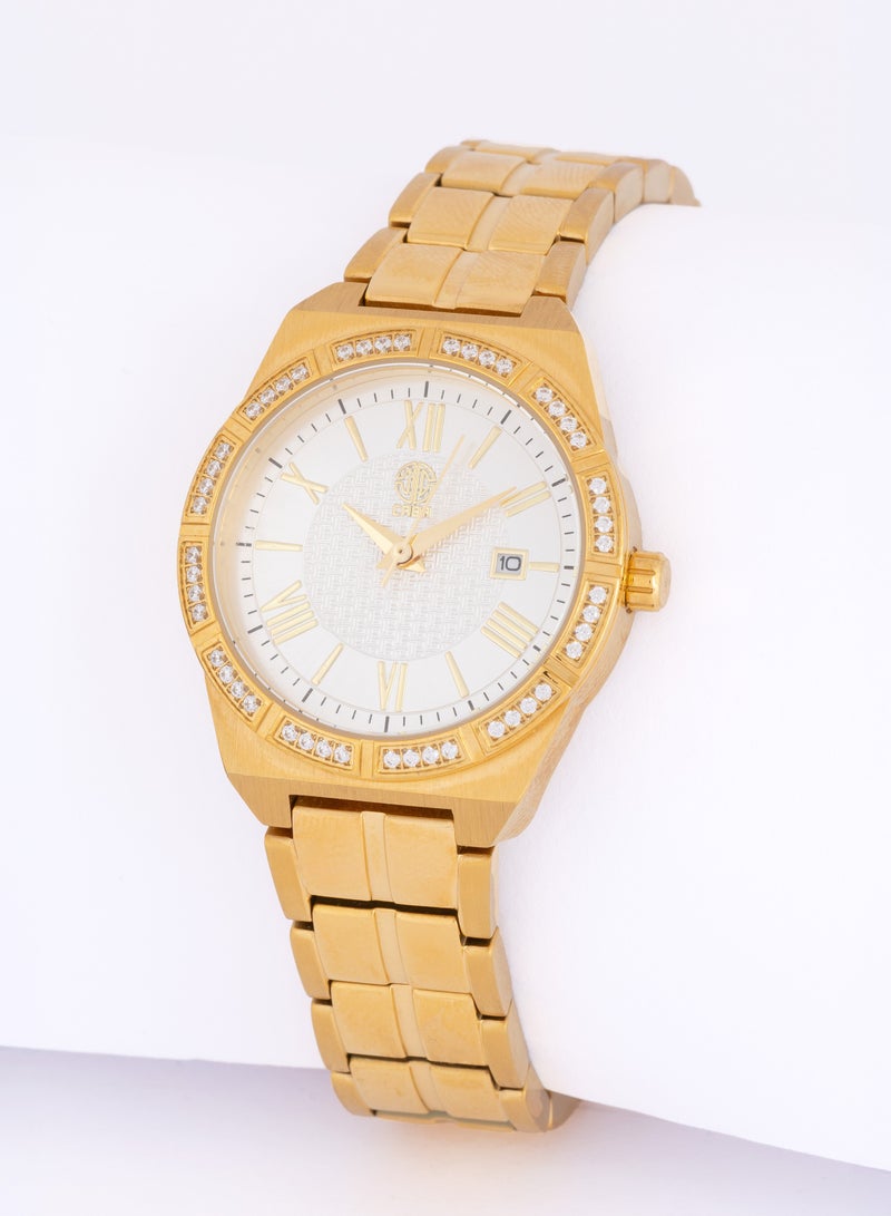 CABA Women's Watch, Elegant Design, Roman Numerals, Studded with Zircon Stones, Date Display, Waterproof, Stainless Steel Bracelet, Gold - 3106890SLG - Image 1