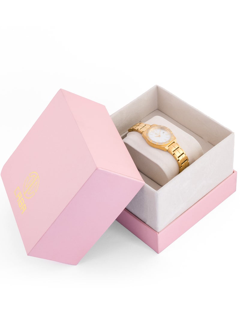 CABA Women's Watch, Elegant Design, Roman Numerals, Studded with Zircon Stones, Date Display, Waterproof, Stainless Steel Bracelet, Gold - 3106890SLG - Image 2