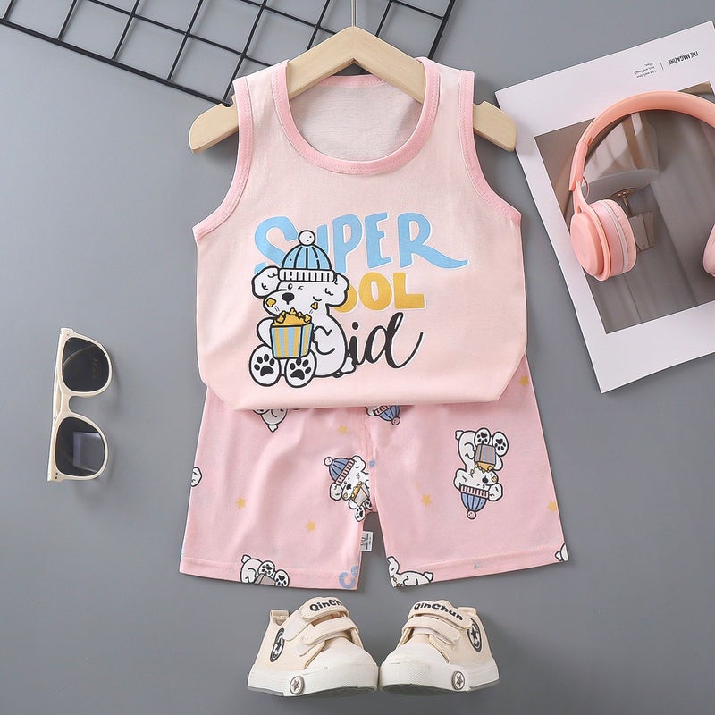 Kids Summer Cotton Vest Set E17-Popcorn Puppy 