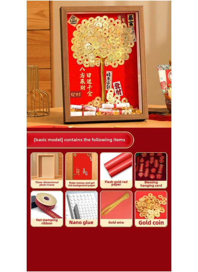 Generic Ge Qiang Fortune Tree Diy Photo Frame 50 Cents Coin Decoration Move Opening Wedding Year Gift Ornaments Material Bag-Color:A4 Hanging + Gift Recommendation [color Paper + Ribbon + Hanging Card + Gift Box] - Standard Model: Including Gold Coin (rich Background + Walnut Photo Frame + Tree Trunk + Nano  - Image 1