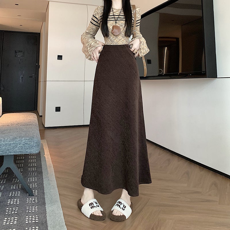 2024 Fall/Winter Ancra Red Rice Grain Velvet Fleece-Lined Fishtail Skirt High Waist Long Skirt - Image 1
