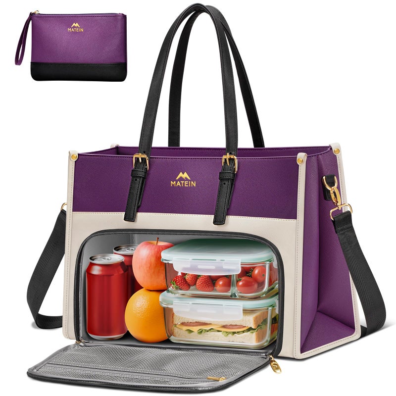 MATEIN Lunch Tote Bag for Women, 15.6 Inch PU Leather Laptop Briefcase with Insulated Lunch Compartment, Large Capacity Professional Computer Work Handbag with Purse for Office Nurse Teacher, 2 Sets - Image 1