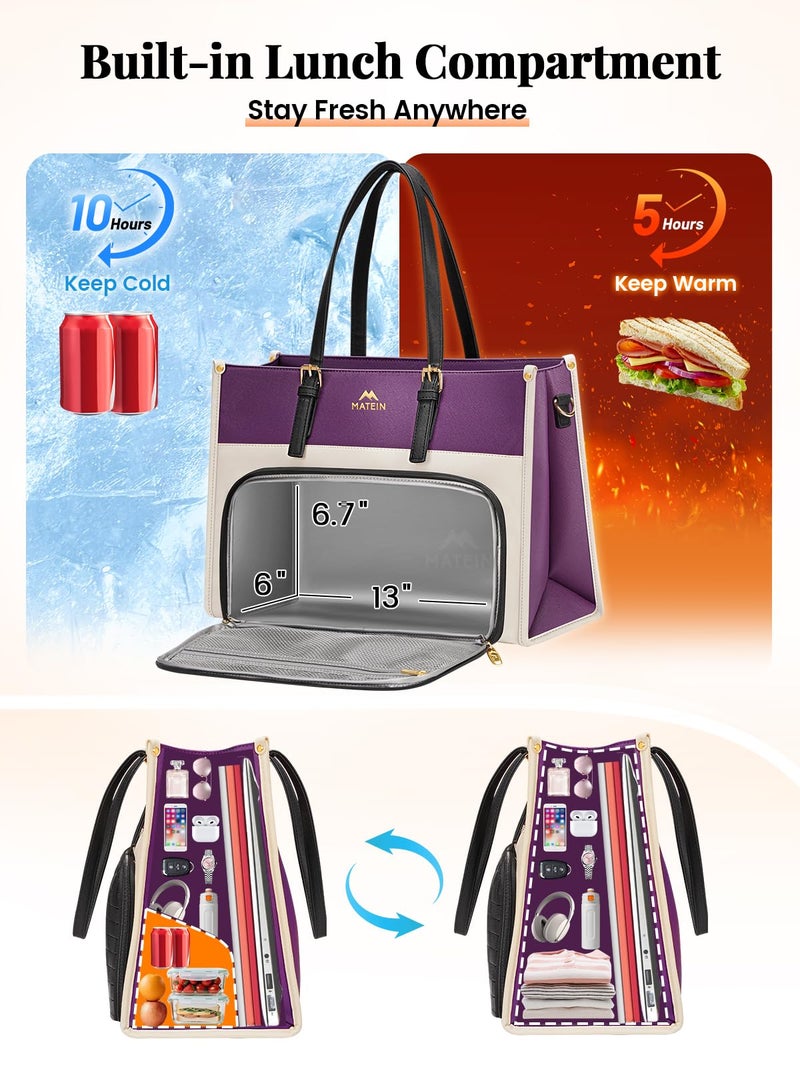 MATEIN Lunch Tote Bag for Women, 15.6 Inch PU Leather Laptop Briefcase with Insulated Lunch Compartment, Large Capacity Professional Computer Work Handbag with Purse for Office Nurse Teacher, 2 Sets - Image 3