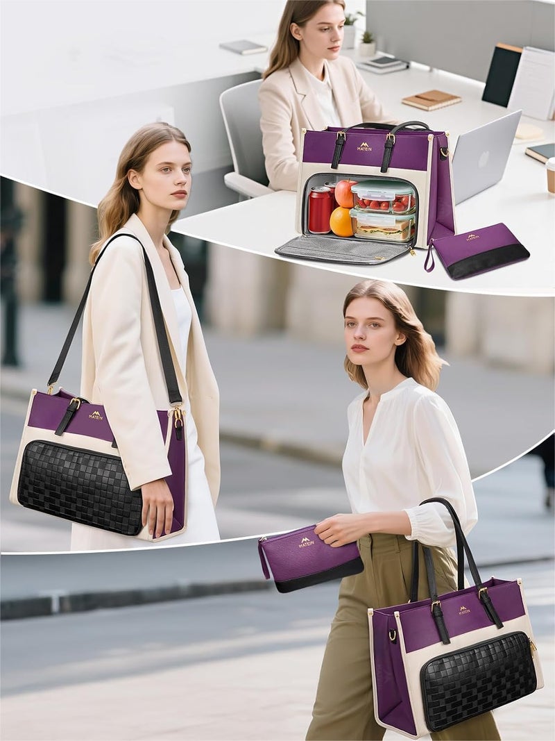 MATEIN Lunch Tote Bag for Women, 15.6 Inch PU Leather Laptop Briefcase with Insulated Lunch Compartment, Large Capacity Professional Computer Work Handbag with Purse for Office Nurse Teacher, 2 Sets - Image 2