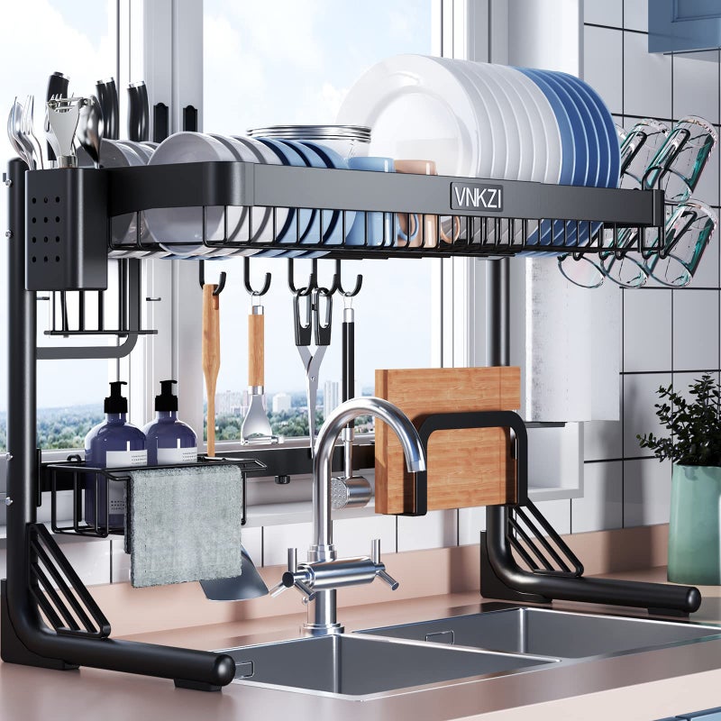 VNKZI Over Sink Dish Drainer Drying Rack 2 Tier Full Stainless Steel Storage Adjustable Length 2598 to 3661 Kitchen Rack Multifunctional Expandable Counter Organizer Space Saver Dish Rack