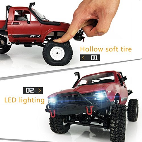 YIKESHU RC Truck Remote Control Rock Crawler Off-Road Racing Vehicles 1:16 2.4G 2CH 4WD Offroad RC Crawler Kids Toy Climb Semi Truck RTR Trailer LED Lights Red (WPL-C14) - Image 4