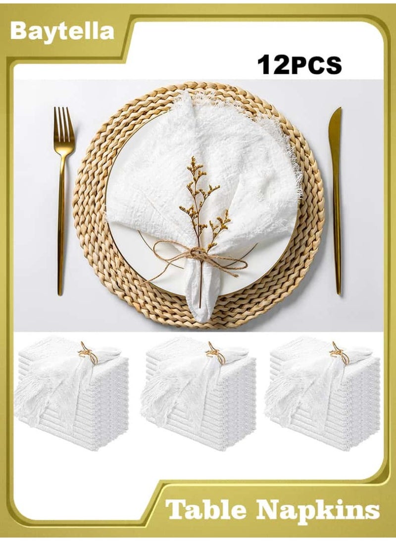 بيتلا 12 قطعة من مناديل طاولة قطن وكتان 43×43 سم – مناديل قماشية يدوية الصنع بحواف مزخرفة، ناعمة بطابع ريفي لحفلات الزفاف والمناسبات والاستخدام المنزلي، لون أبيض - Image 1