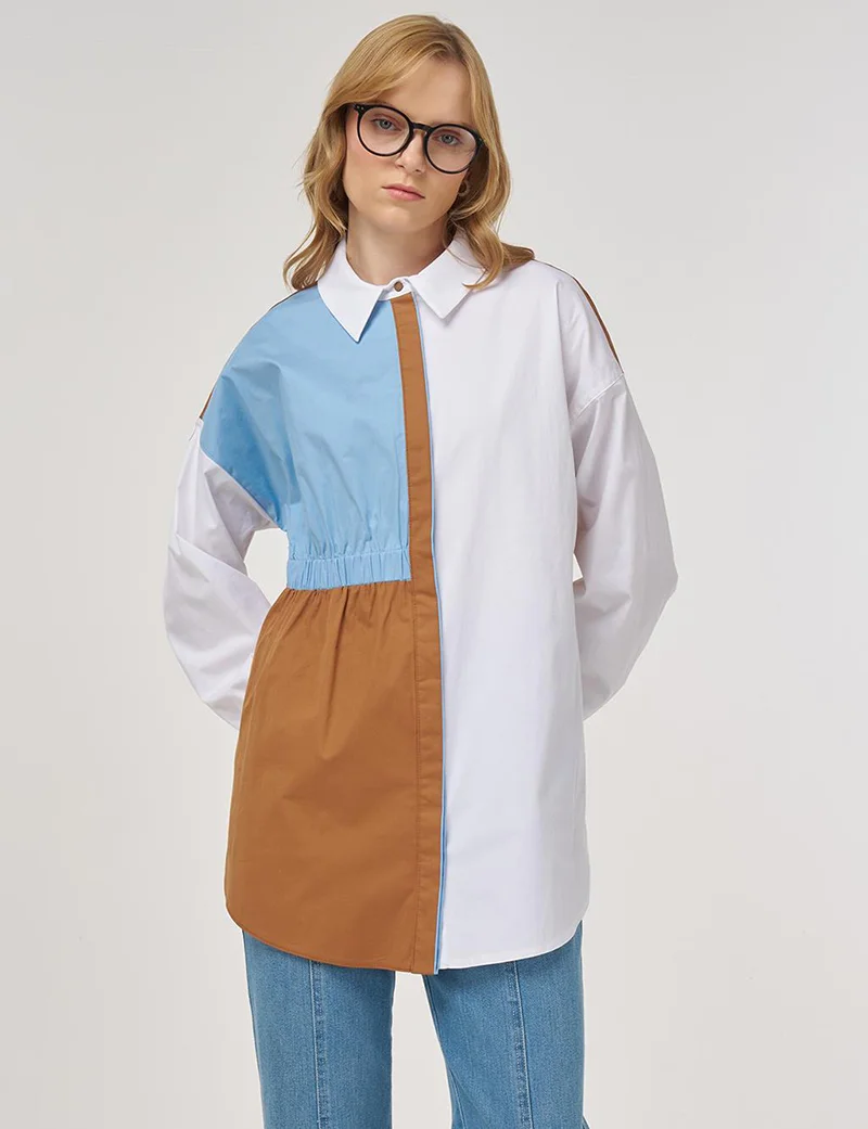 Kayra Color Block Cotton Tunic Optical White