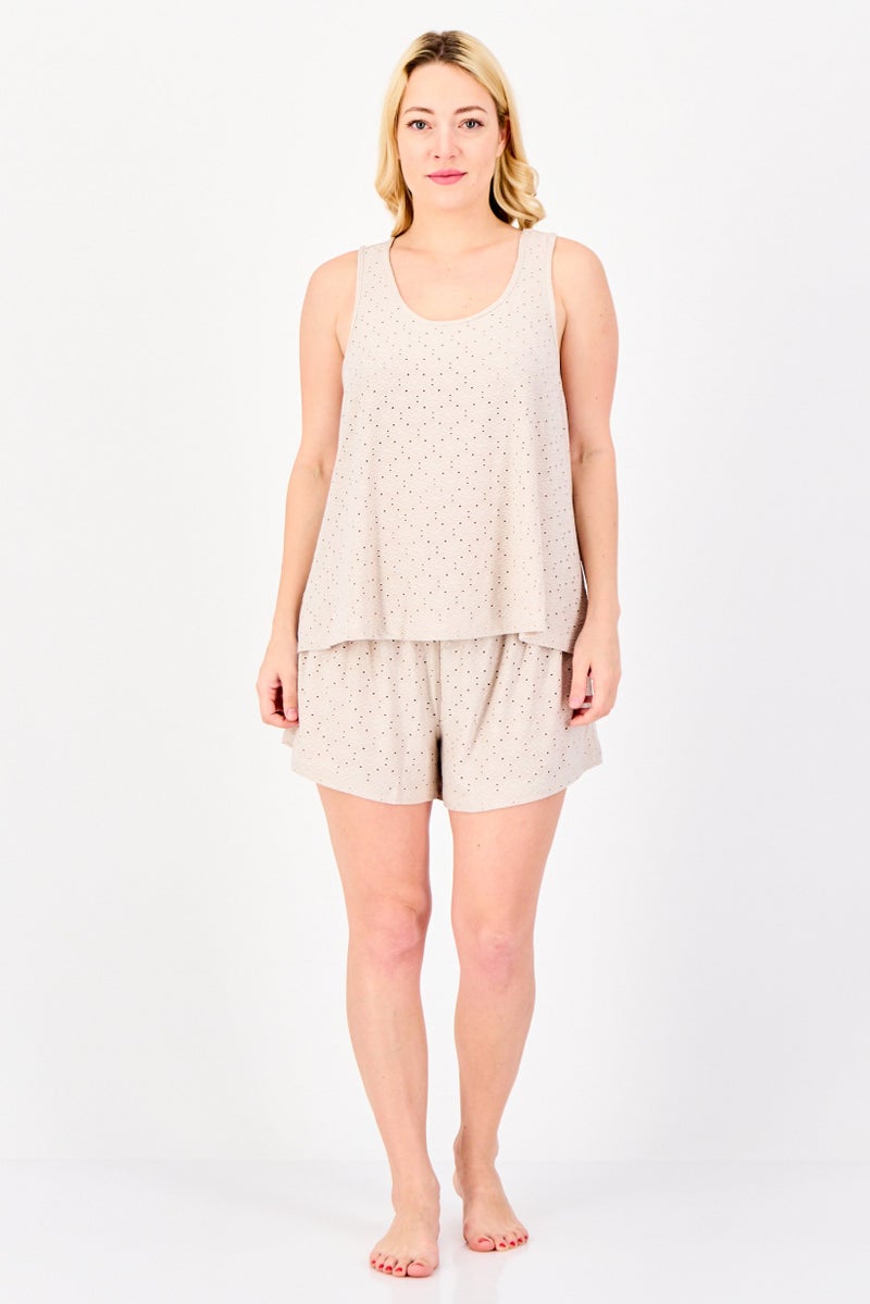 Flora By Flora Nikrooz Women 2 Pieces Eyelet Sleepwear Top And Shorts Set, Tan - Image 2