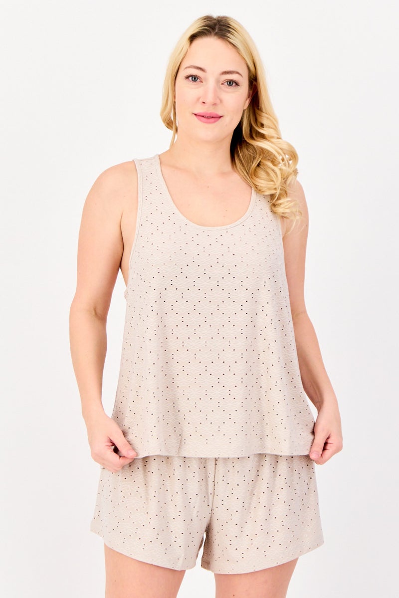 Flora By Flora Nikrooz Women 2 Pieces Eyelet Sleepwear Top And Shorts Set, Tan - Image 1