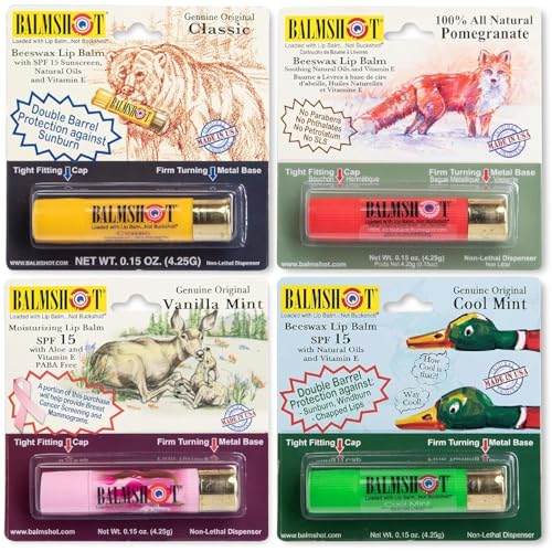 BALMSHOT Lip Balm - Multipack of four (4) SPF 15 Beeswax Chapstick with Aloe & Vitamin E, PABA Free - 20-Gauge Brass Shotgun Shell Tube â€“ Heat Resistant, Long Lasting Lip Moisturizer â€“ Made in USA - Image 1