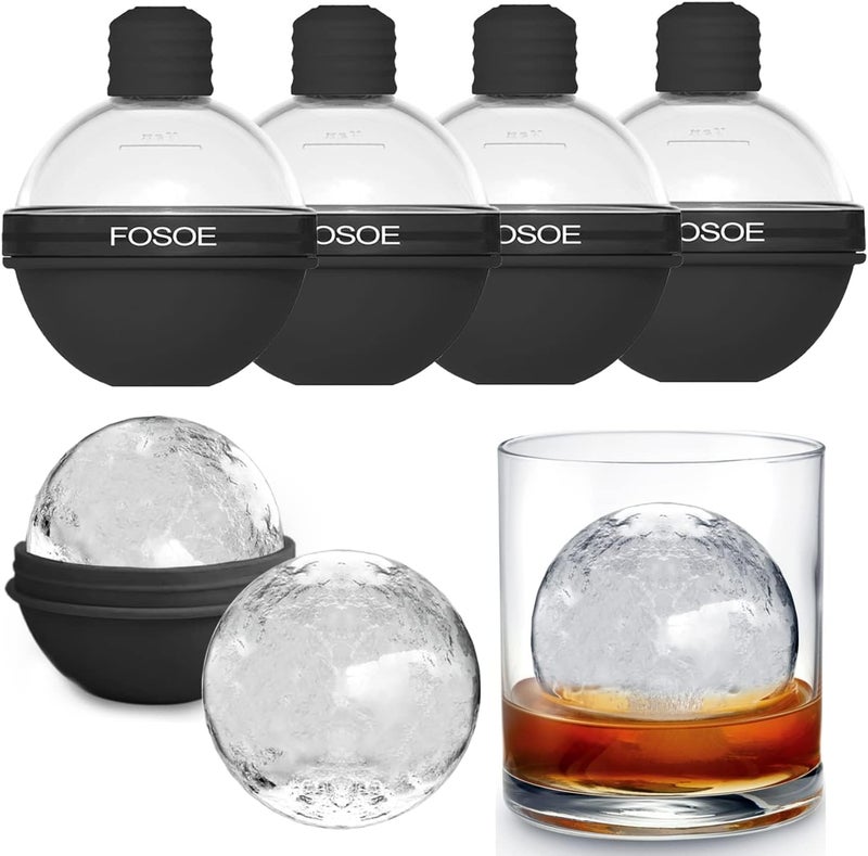 FOSOE Silicone Ice Ball Molds for Whiskey - Set of 4 Round Makers with Lids for Cocktails, Bourbon, and Drinks - Image 1