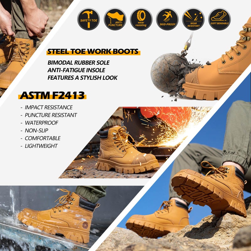 KELODON Waterproof Steel Toe Boots For Men 6 Inch Leather Steel Toe Shoes Non Slip Resistant Safety Work Boots Indestructible Lightweight Construction Boot,Wheat,US Size 11 - Image 3