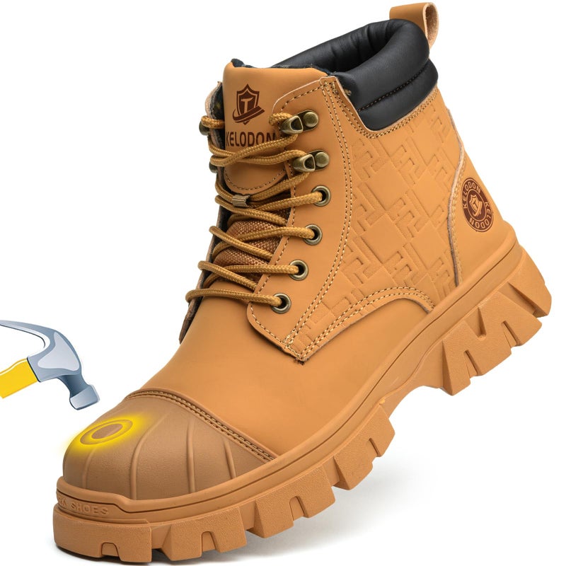 KELODON Waterproof Steel Toe Boots For Men 6 Inch Leather Steel Toe Shoes Non Slip Resistant Safety Work Boots Indestructible Lightweight Construction Boot,Wheat,US Size 11 - Image 1