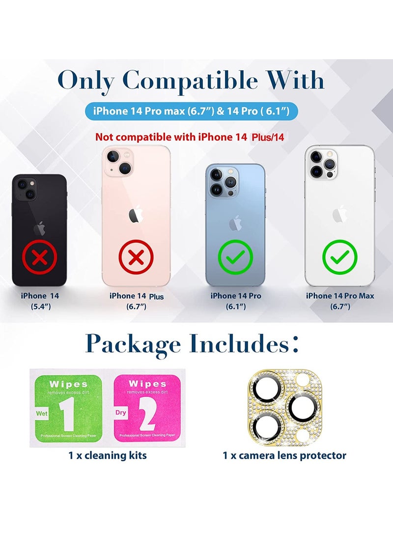 Camera Lens Protector Bling, Glitter Diamond Metal Lens Cover Glass Screen Protector Accessories for iPhone 14 Pro Max & 14 Pro Gold - Image 2