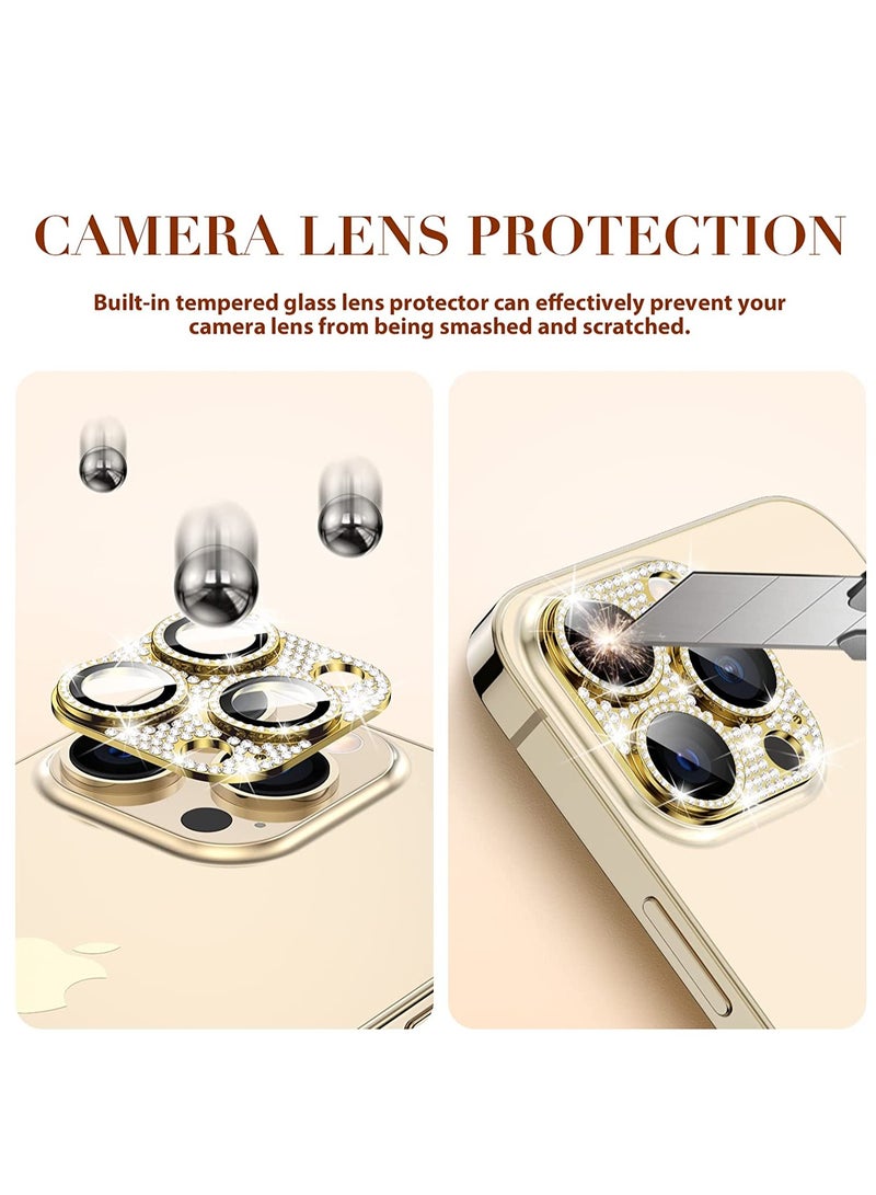 Camera Lens Protector Bling, Glitter Diamond Metal Lens Cover Glass Screen Protector Accessories for iPhone 14 Pro Max & 14 Pro Gold - Image 3