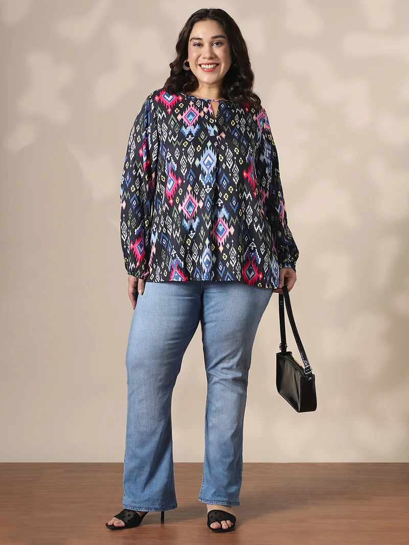globus Globus Gloplus Women Multicolor Keyhole Neck Bishop Sleeves Self Design Ikat Print Plus Size Top