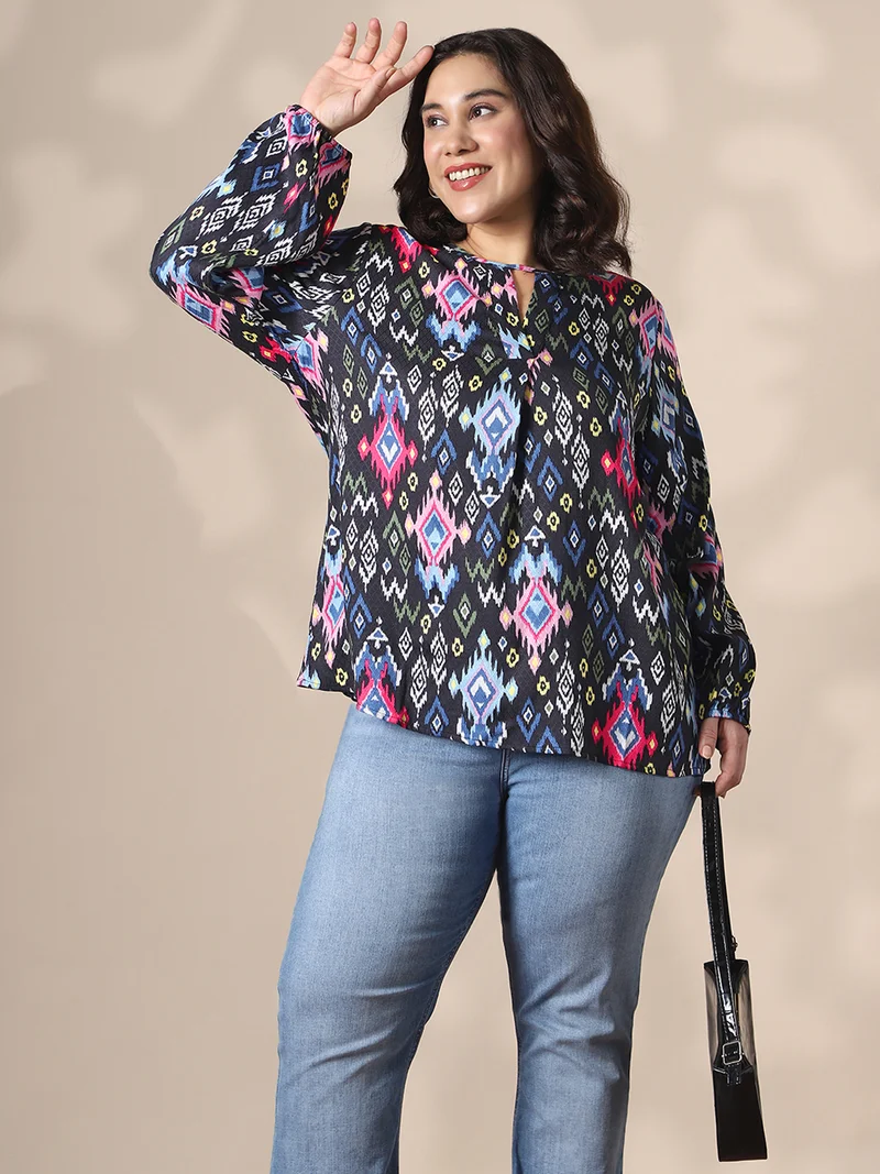 Globus Gloplus Women Multicolor Keyhole Neck Bishop Sleeves Self Design Ikat Print Plus Size Top