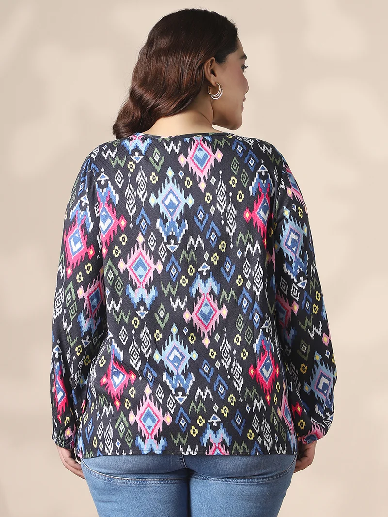 globus Globus Gloplus Women Multicolor Keyhole Neck Bishop Sleeves Self Design Ikat Print Plus Size Top
