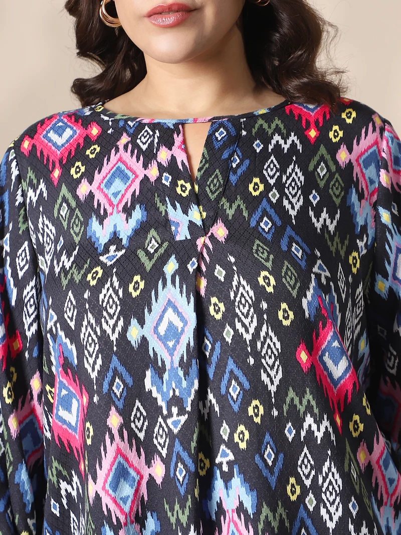globus Globus Gloplus Women Multicolor Keyhole Neck Bishop Sleeves Self Design Ikat Print Plus Size Top