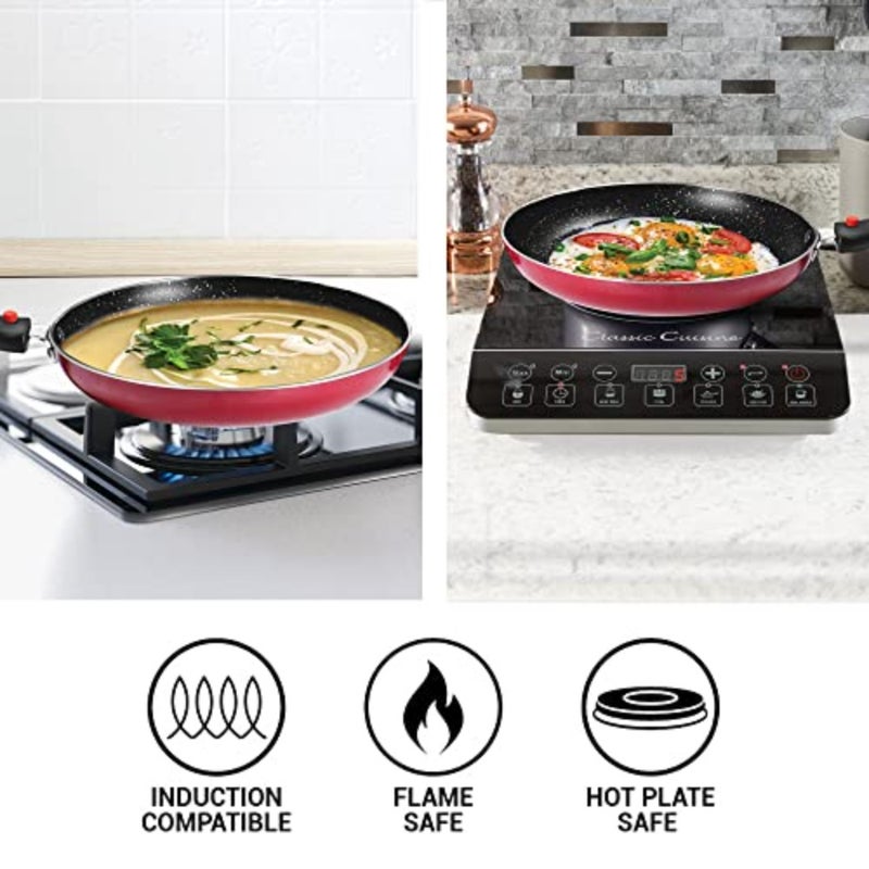 Pro Cook Kitchen Jewel Cookware Set of 5 for Induction Hot Plate Flame Safe: Maroon Stainless Steel Fry Pan Kadhai Tawa with Glass Lid Nylon Laddle Spatula - Image 3