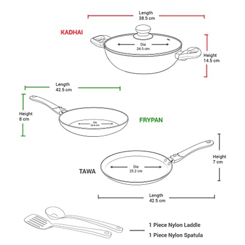 Pro Cook Kitchen Jewel Cookware Set of 5 for Induction Hot Plate Flame Safe: Maroon Stainless Steel Fry Pan Kadhai Tawa with Glass Lid Nylon Laddle Spatula - Image 5