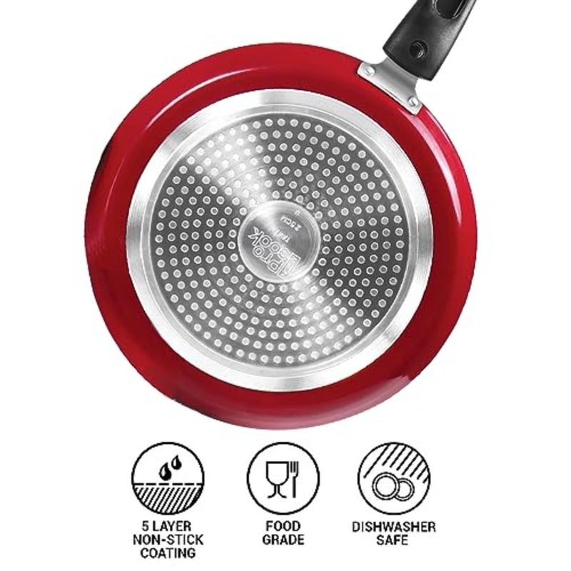 Pro Cook Kitchen Jewel Cookware Set of 5 for Induction Hot Plate Flame Safe: Maroon Stainless Steel Fry Pan Kadhai Tawa with Glass Lid Nylon Laddle Spatula - Image 4