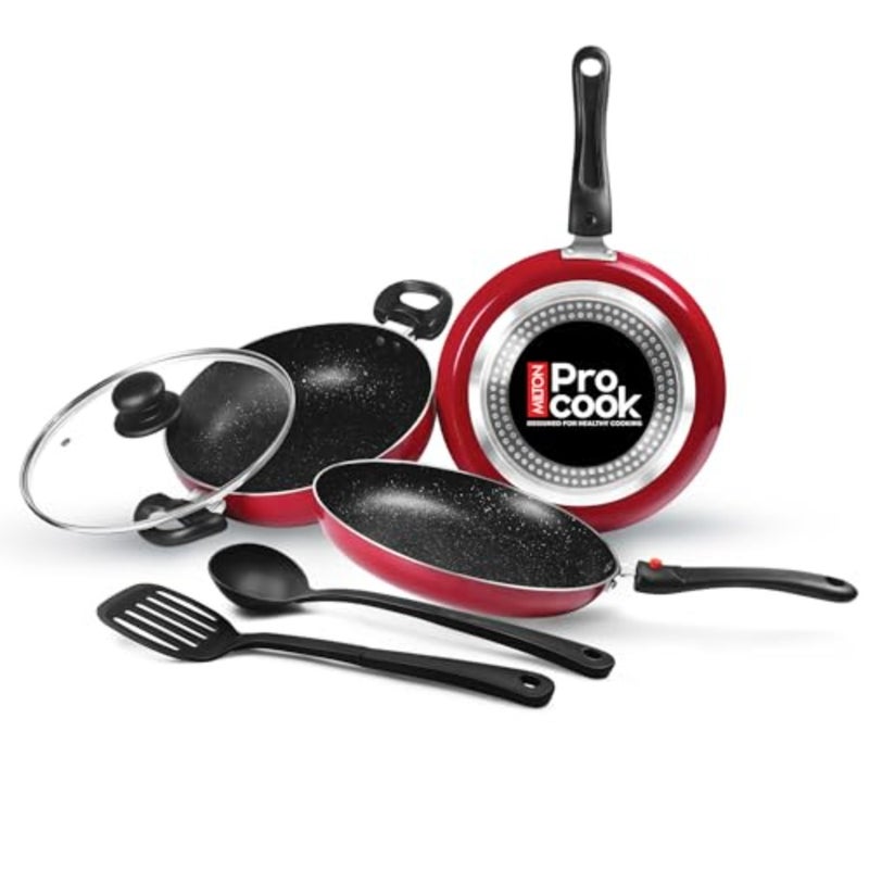 Pro Cook Kitchen Jewel Cookware Set of 5 for Induction Hot Plate Flame Safe: Maroon Stainless Steel Fry Pan Kadhai Tawa with Glass Lid Nylon Laddle Spatula - Image 1