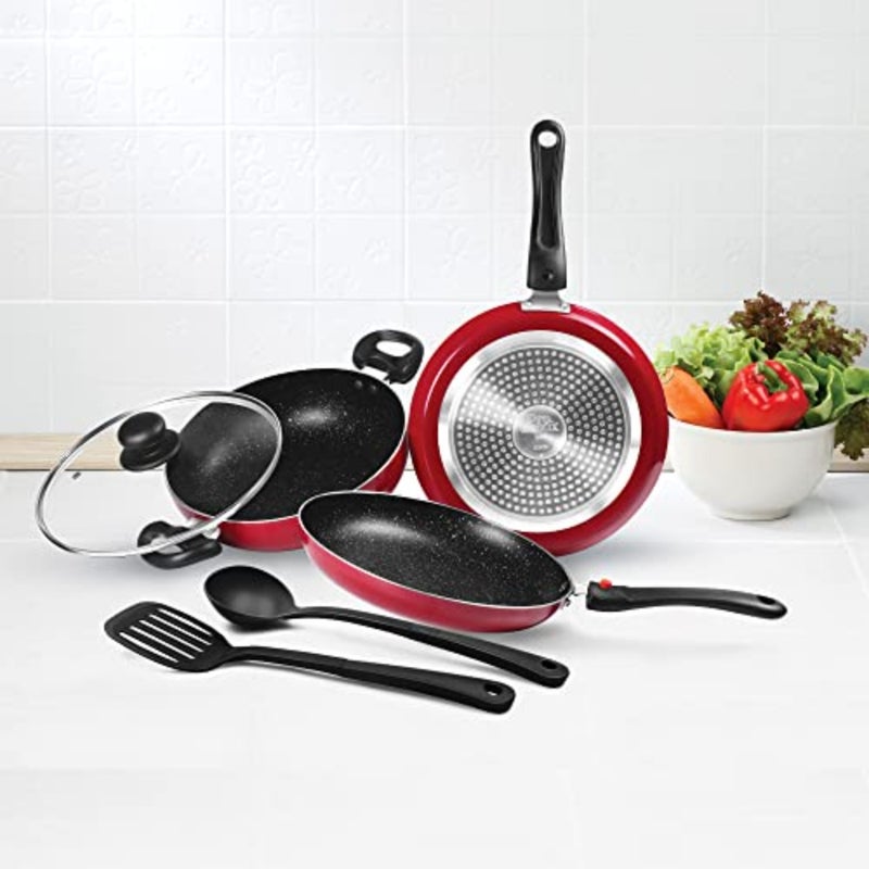 Pro Cook Kitchen Jewel Cookware Set of 5 for Induction Hot Plate Flame Safe: Maroon Stainless Steel Fry Pan Kadhai Tawa with Glass Lid Nylon Laddle Spatula - Image 2