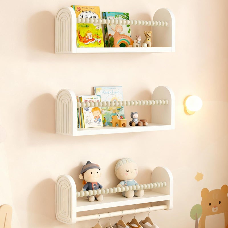 OurWarm Nursery Book Shelves for Wall Set of 3, White Natural Wood Nursery Floating Shelves with Towel Bar, Wall Mounted Floating Bookshelves for Baby Room Kids Room Living Room Storage and Decor - Image 1