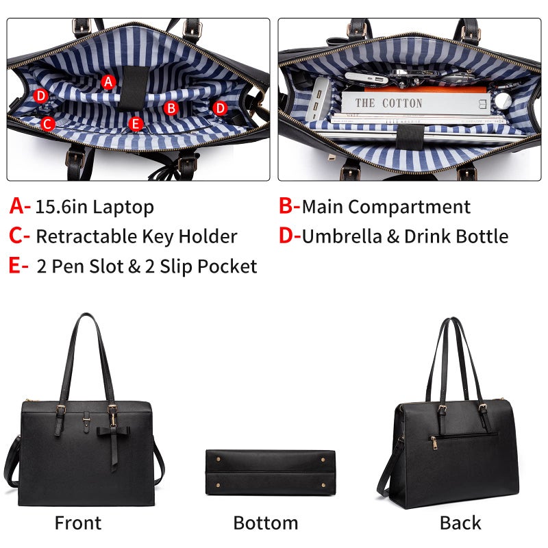 KEYLI Laptop Bag for Women Large PU Leather Laptop Briefcase with USB Charging Port Computer Shoulder tote Bags Purse 4pcs, Black, 16.7"W x 12.5"H x 6.5"D inch - Image 2