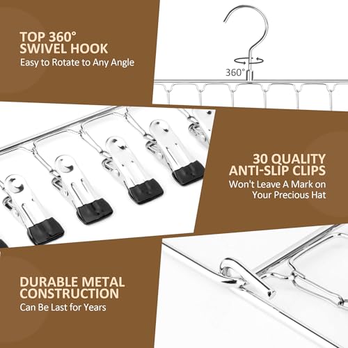ZEDODIER Hat Hanger Hat Rack for Baseball Caps, 30 Hooks, Space Saving Hat Holder Closet Organizers and Storage, Silver - Image 5