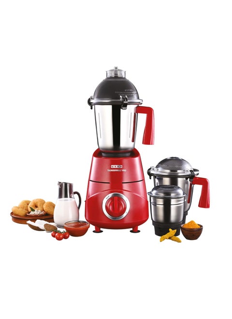 USHA Thunderbolt Pro 1000W with 3 Jars, 100% Copper Ball-Bearing Motor, Handsfree operation, 3 Jars, 3-Speed Setting with Inching option, 5 Years Warranty on Motor (Red)