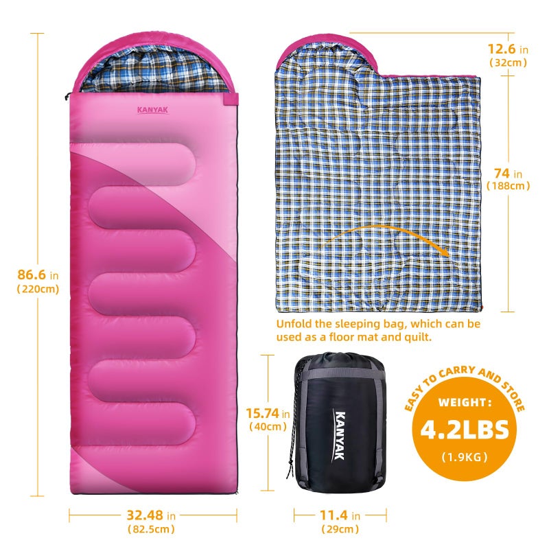 KANYAK Pink Sleeping Bag with Carry Bag, Warm Washable and Skin-Friendly Camping Sleeping Bag for Festival Sleep-Outs or Outdoor Adventures - Image 2