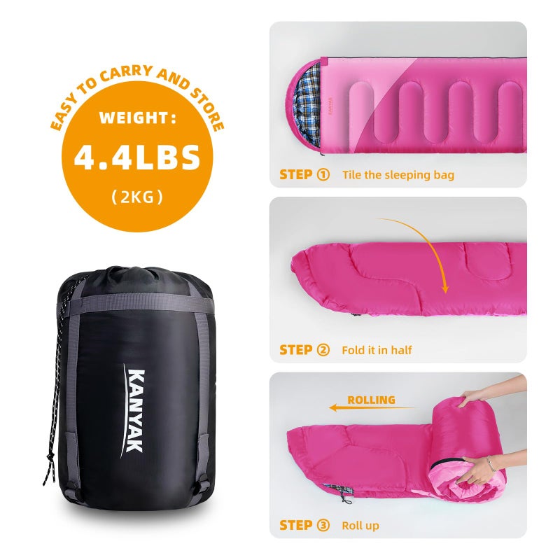KANYAK Pink Sleeping Bag with Carry Bag, Warm Washable and Skin-Friendly Camping Sleeping Bag for Festival Sleep-Outs or Outdoor Adventures - Image 4