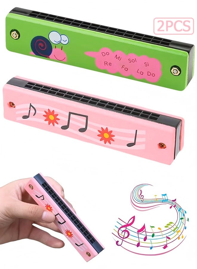 دبليو أف أف أو عبوتان من الهارمونيكا للأطفال - هارمونيكا خفيفة الوزن بعشرة وستة عشر فتحة مزدوجة - هارمونيكا خشبية للأطفال - هارمونيكا بنقوش كرتونية للأطفال - لعبة موسيقية للمبتدئين من الكبار - الهدية المثالية للتقديم - وردي/أخضر - Image 1