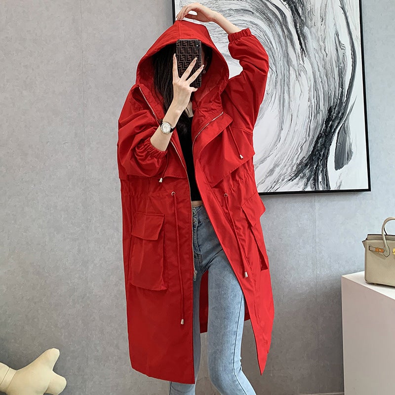 Womens windbreaker long 2023 new small this year popular tooling explosions early spring and autumn thin coat Red 