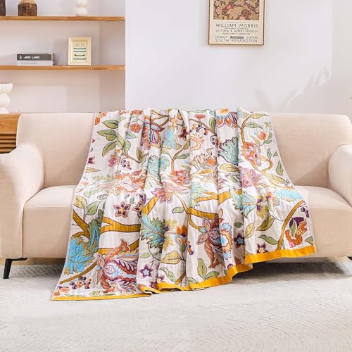 XIBLC Boho Throw Blanket for Bed, 100% Cotton Soft Rustic Quilt Fall Blanket, 90"x98" Floral Printed Farmhouse Decor Bed Blankets, All Season Rustic Reversible Bohemian Throw Quilt - Image 3