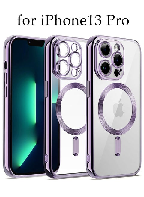 Magnetic Clear Case for iPhone 13 Pro with Camera Lens Protector Full Protection Case Compatible with MagSafe Elegant Anti-Scratch Case Cover Purple/Clear