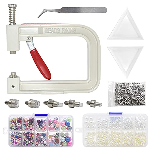 Pearl Setting Hand Press Machine Tools with 2 Boxes of 5 Sizes Colorful no Holes Round Pearls Beads and Rivet Studs Screw Heads Tweezers for DIY Crafts
