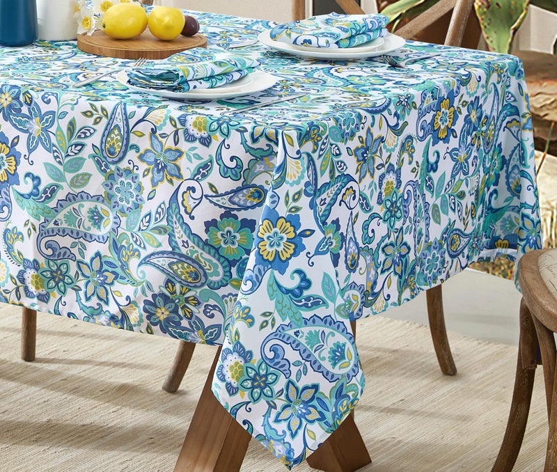 Newbridge Rectangle Fabric Tablecloth Corfu Mediterranean Blue Paisley 60 x 84 Inch Indoor Outdoor Stain and Water Resistant Heavy Weight Table Cover Shabby Chic Blue Floral