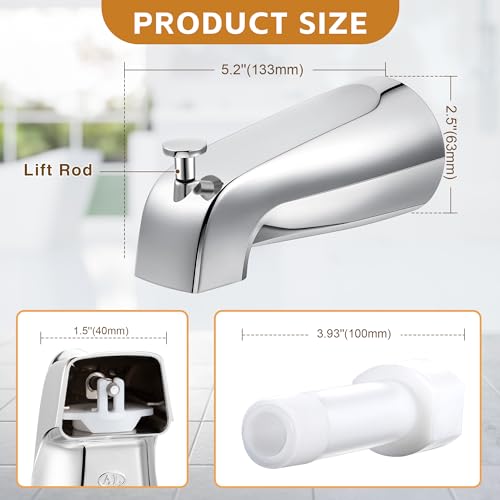 Dreyoo Diverter Tub Spout with Tub Spout Cover Ring Universal Fits 12 Copper Pipe 12 IPS and 34 IPS Bathroom Bathtub Faucet Replacement with Foam Gasket Adapters and Hex Wrench Chrome - Image 3