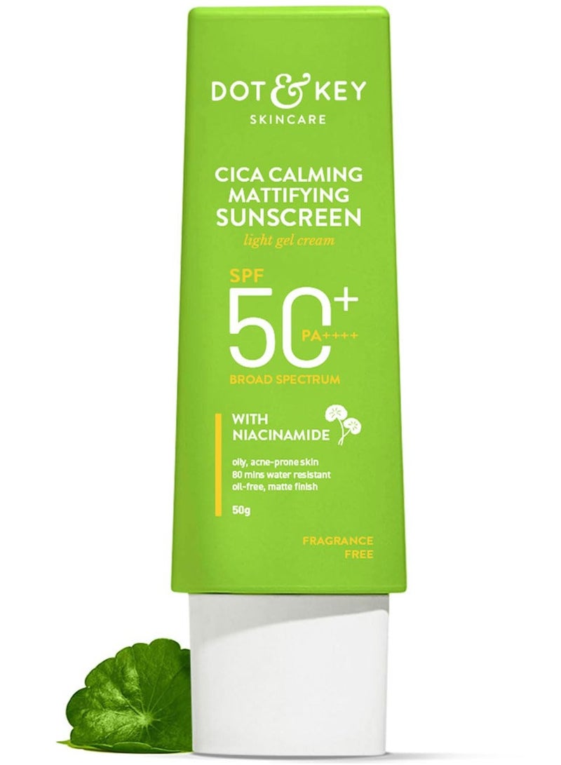 Dot & Key CICA Calming Mattifying Sunscreen SPF 50 PA++++ | For Oily Acne Prone & Sensitive Skin | UVA/UVB Protection | No White Cast, Ultra Light, Fragrance Free & Quick Absorbing | 50g - Image 1