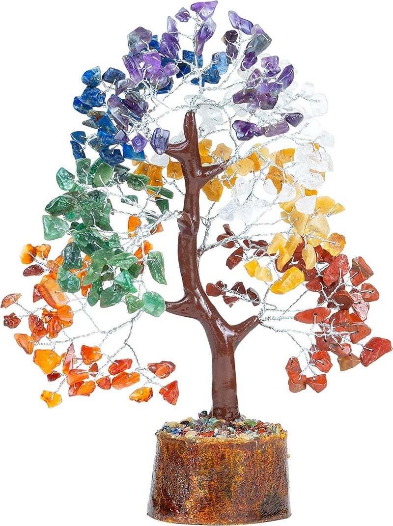 VRCT Seven Chakra Natural Healing Gemstone Crystal Bonsai Money Tree for Good Luck, Wealth & Prosperity-Home Office Decor (with Silver Wire and 300 Beads) Size 10-12 Inches - Image 1