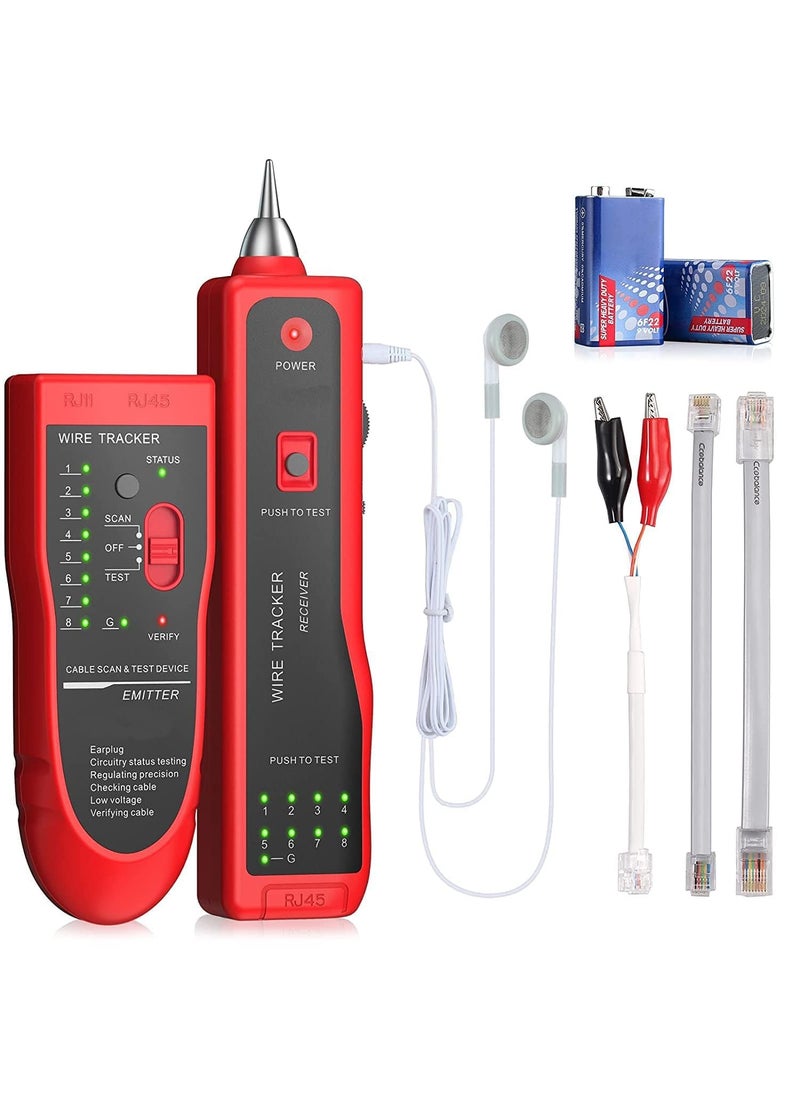 RuhZa RuHZA AR868 Network Cable Wire Tracker Cable Tester UTP STP RJ11 RJ45 Cat5 Cat5E Cat6 Telephone Wire Tracker Tracer Toner Detector Line Finder RCTSTMR Red  - Image 1