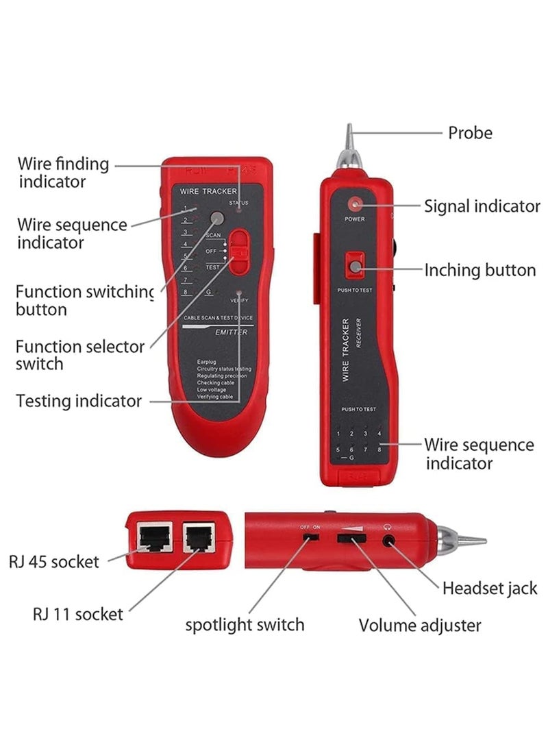 RuhZa RuHZA AR868 Network Cable Wire Tracker Cable Tester UTP STP RJ11 RJ45 Cat5 Cat5E Cat6 Telephone Wire Tracker Tracer Toner Detector Line Finder RCTSTMR Red  - Image 2