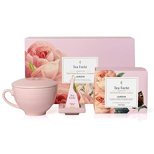 Tea Forte Jardin 3-Piece Premium Tea Gift Set with Rose Pink Cafe Cup with Lid, Tea Tray and 10 Assorted 2 of Each Variety Organic Handcrafted Pyramid Infuser Tea Bags - Image 1