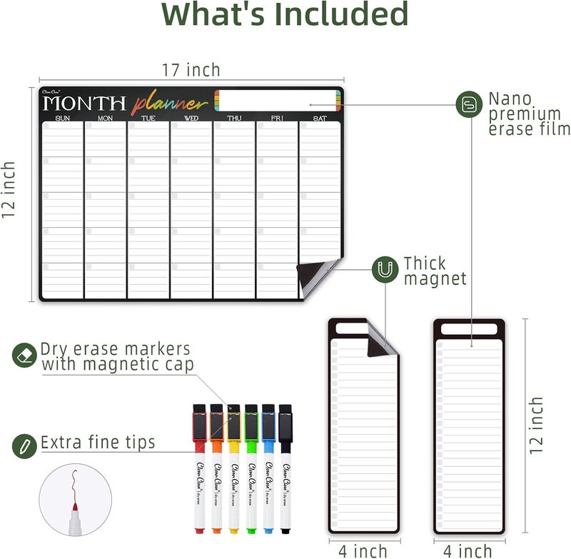 Clever Clean Magnetic Dry Erase Monthly Calendar - 17"x12" Monthly Calendar for Fridge - 4"x12" List Board 2 Pcs - 6 Extra Fine Point Markers Included - Shipped Flat - Image 2