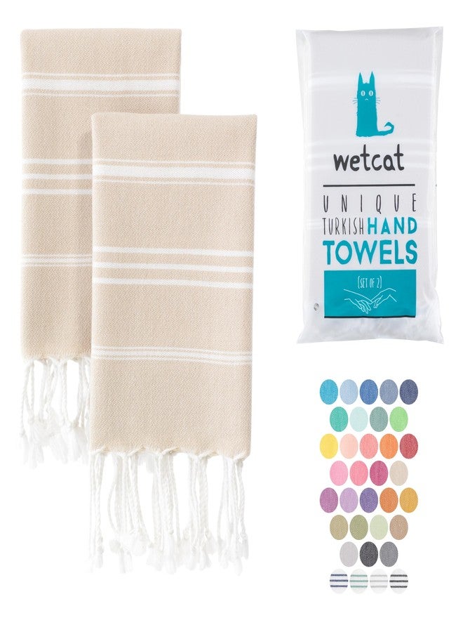 WETCAT Turkish Hand Towels with Hanging Loop, Set of 2 (20" x 30") 100% Turkish Cotton, Pre-Washed, Quick Drying, for Kitchen or Bathroom - Beige - Image 1