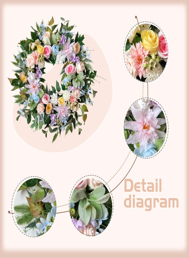 Idyllic 22 Inch Spring Wreath for Front Door with Pink Blue Roses and Hydrangeas Romantic Artificial Flower Wreath for Indoor Outdoor Wedding Porch and Wall Decor - Image 3